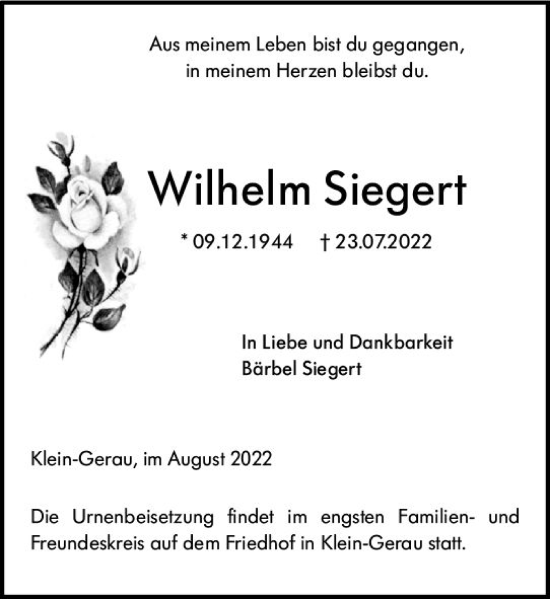 Traueranzeige von Wilhelm Siegert von vrm-trauer Groß-Gerauer Echo