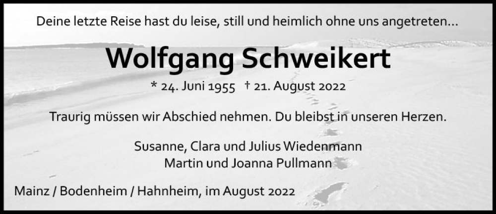  Traueranzeige für Wolfgang Schweikert vom 27.08.2022 aus vrm-trauer AZ Mainz