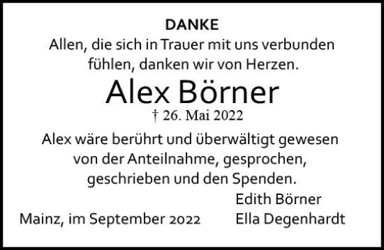 Traueranzeige von Alex Börner von vrm-trauer AZ Mainz