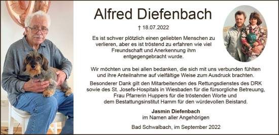 Traueranzeige von Alfred Diefenbach von vrm-trauer Wiesbadener Kurier