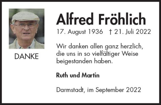 Traueranzeige von Alfred Fröhlich von vrm-trauer Darmstädter Echo