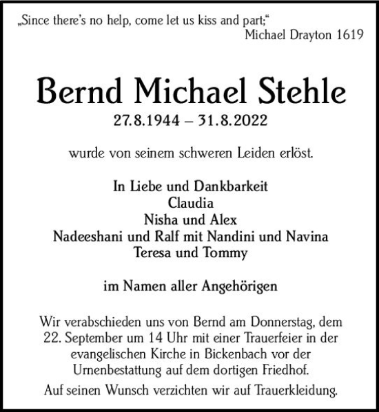 Traueranzeige von Bernd Michael Stehle von vrm-trauer Darmstädter Echo