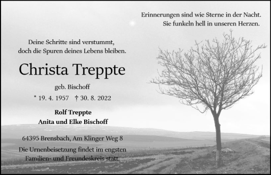Traueranzeige von Christa Treppte von vrm-trauer Odenwälder Echo