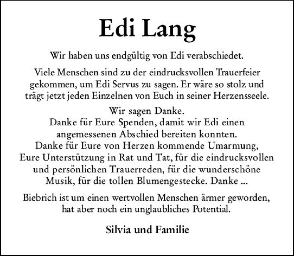 Traueranzeige für Edi Lang vom 24.09.2022 aus vrm-trauer Wiesbadener Kurier