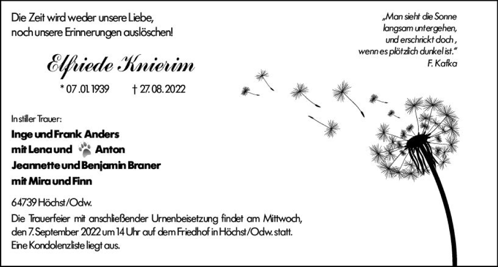  Traueranzeige für Elfriede Knierim vom 03.09.2022 aus vrm-trauer Odenwälder Echo