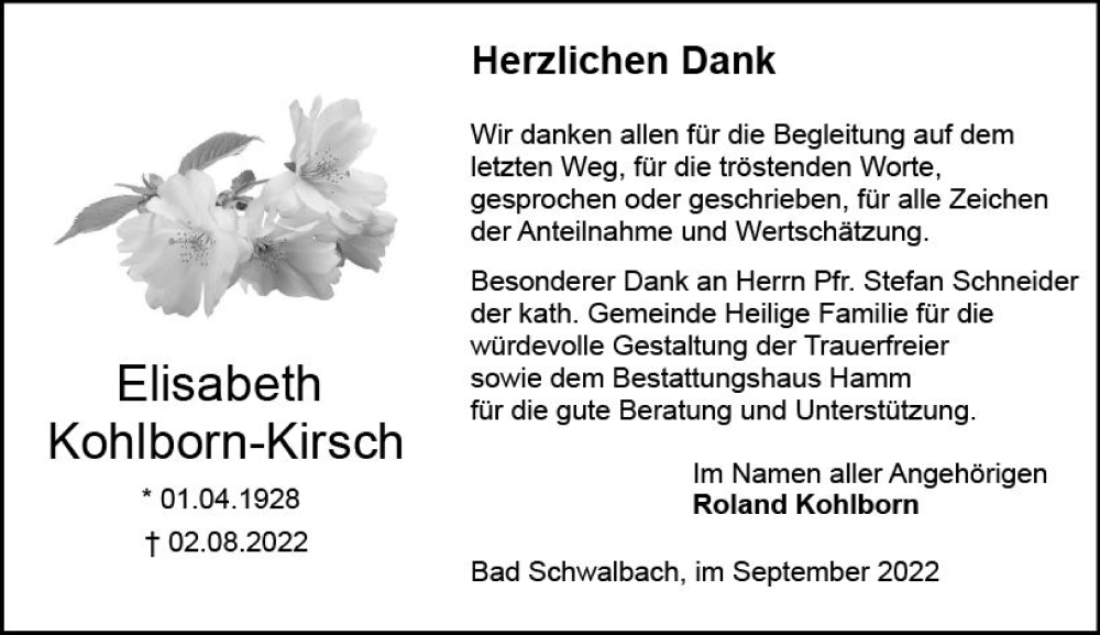  Traueranzeige für Elisabeth Kohlborn-Kirsch vom 17.09.2022 aus vrm-trauer WK-UTA