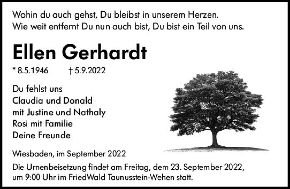  Traueranzeige für Ellen Gerhardt vom 17.09.2022 aus vrm-trauer Wiesbadener Kurier