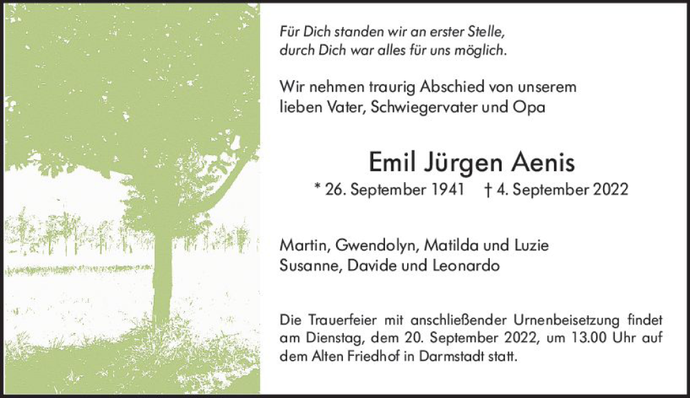  Traueranzeige für Emil Jürgen Aenis vom 10.09.2022 aus vrm-trauer Darmstädter Echo