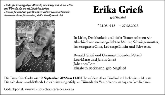 Traueranzeige von Erika Grieß von vrm-trauer Hochheimer Zeitung