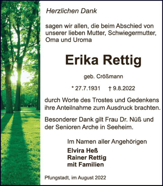 Traueranzeige von Erika Rettig von vrm-trauer Darmstädter Echo