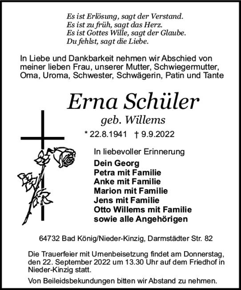  Traueranzeige für Erna Schüler vom 17.09.2022 aus vrm-trauer Odenwälder Echo