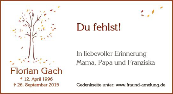 Traueranzeige von Florian Gach von vrm-trauer Wiesbadener Kurier