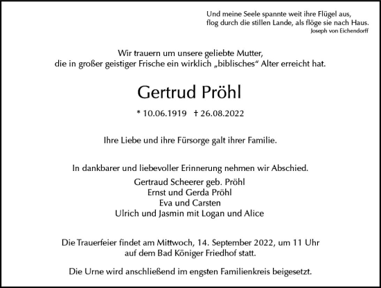 Traueranzeige von Gertrud Pröhl von vrm-trauer Odenwälder Echo