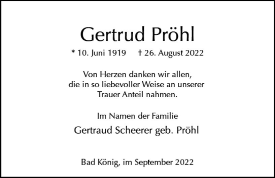 Traueranzeige von Gertrud Pröhl von vrm-trauer Odenwälder Echo