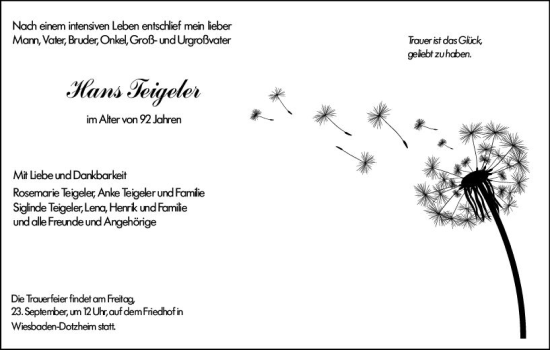 Traueranzeige von Hans Feigeler von vrm-trauer Wiesbadener Kurier
