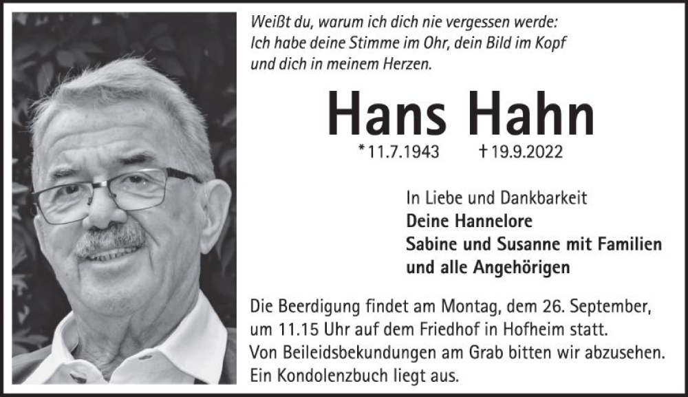  Traueranzeige für Hans Hahn vom 24.09.2022 aus vrm-trauer Wormser Zeitung