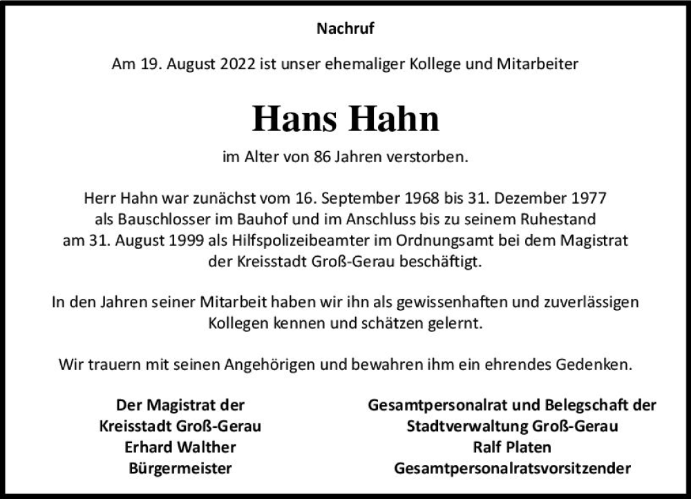  Traueranzeige für Hans Hahn vom 17.09.2022 aus vrm-trauer Groß-Gerauer Echo