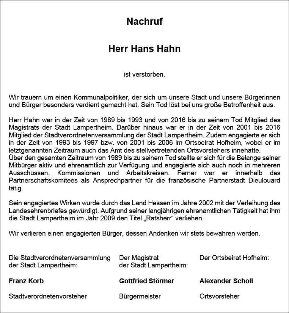  Traueranzeige für Hans Hahn vom 24.09.2022 aus vrm-trauer Bürstädter/Lamperth. Ztg/Starkenburger