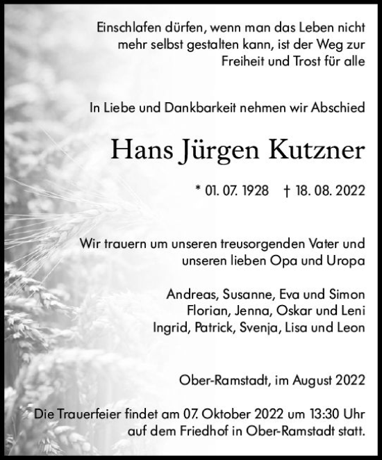 Traueranzeige von Hans Jürgen Kutzner von vrm-trauer Darmstädter Echo