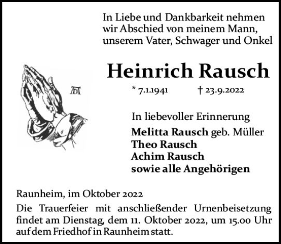 Traueranzeige von Heinrich Rausch von vrm-trauer Rüsselsheimer Echo / MainSpitze