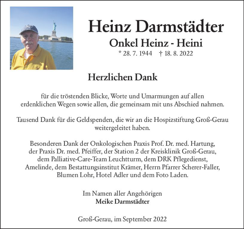  Traueranzeige für Heinz Darmstädter vom 03.09.2022 aus vrm-trauer Groß-Gerauer Echo