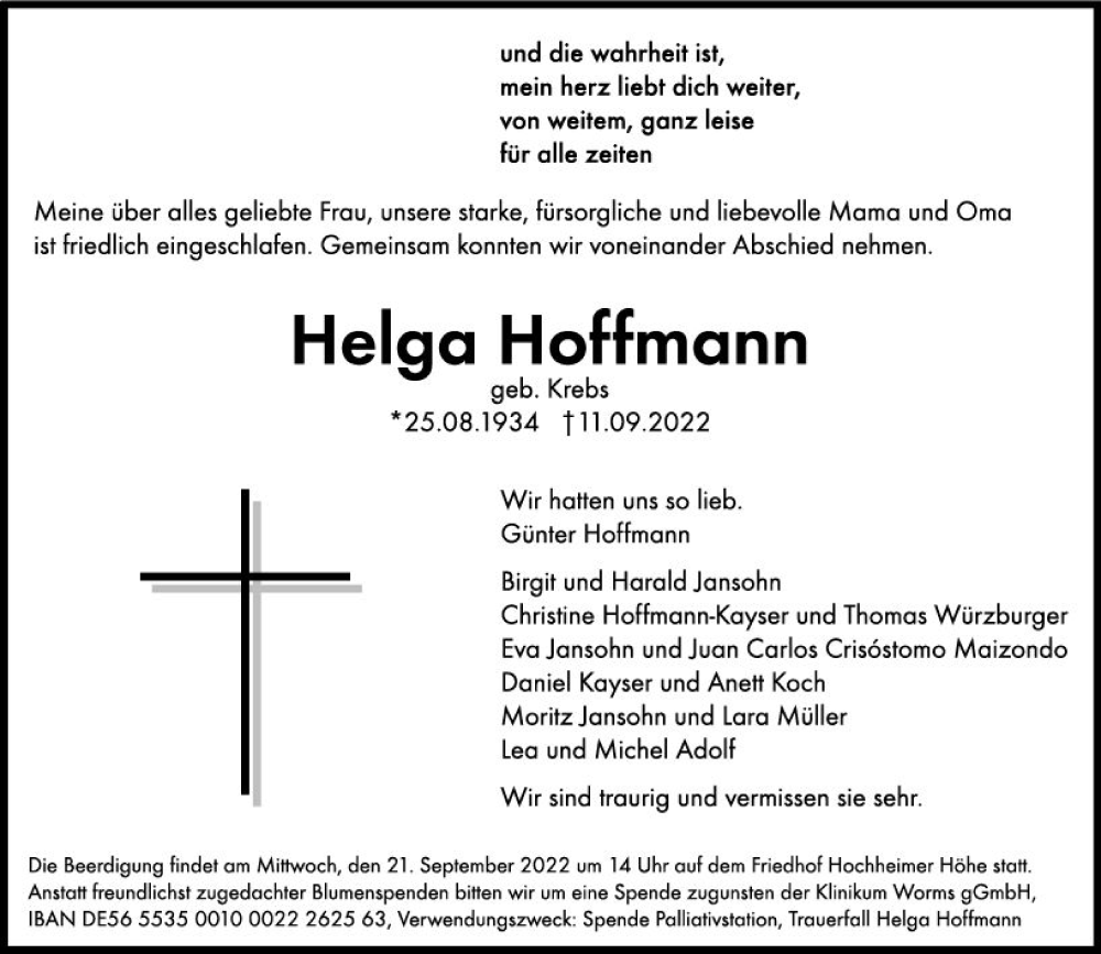  Traueranzeige für Helga Hoffmann vom 17.09.2022 aus vrm-trauer Wormser Zeitung