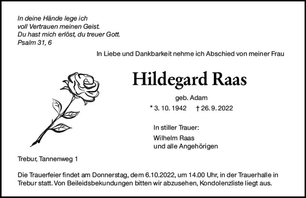  Traueranzeige für Hildegard Raas vom 01.10.2022 aus vrm-trauer Groß-Gerauer Echo