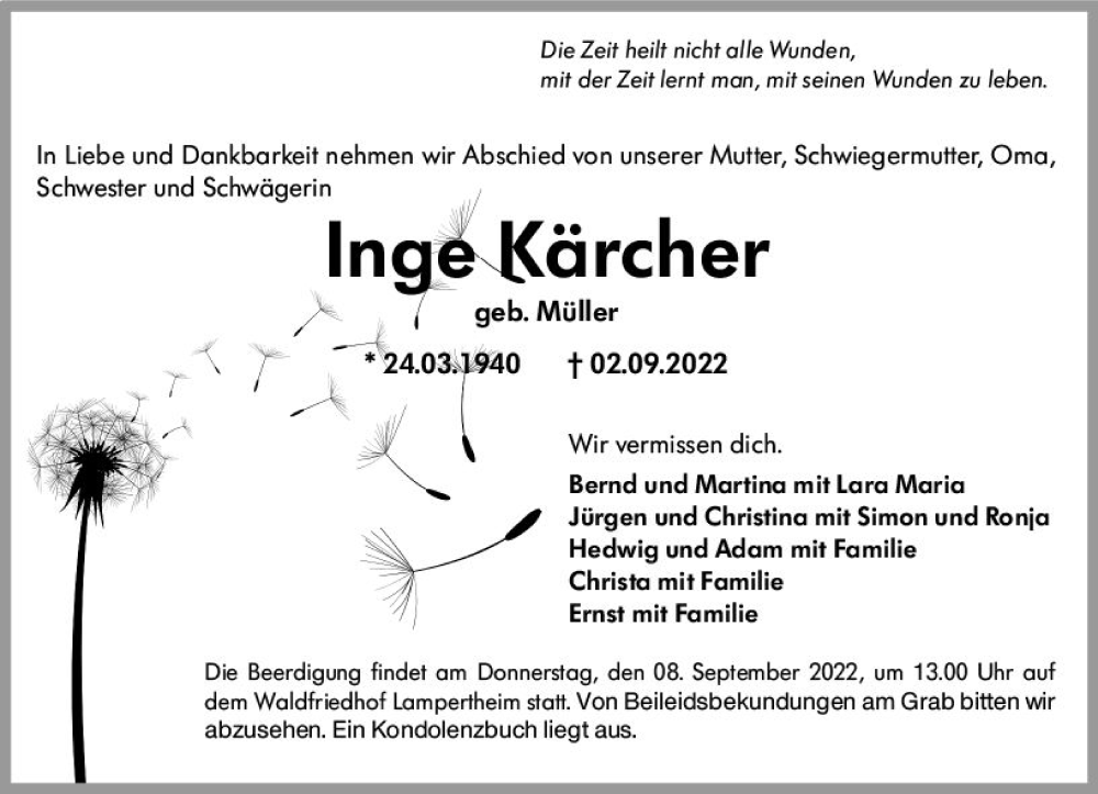  Traueranzeige für Inge Kärcher vom 06.09.2022 aus vrm-trauer Bürstädter/Lamperth. Ztg/Starkenburger