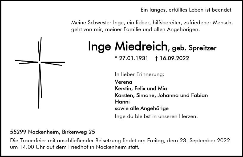 Traueranzeige für Inge Miedreich vom 20.09.2022 aus vrm-trauer AZ Mainz