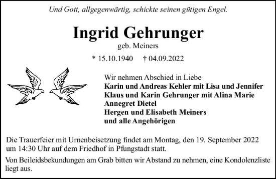 Traueranzeige von Ingrid Gehrunger von vrm-trauer Darmstädter Echo