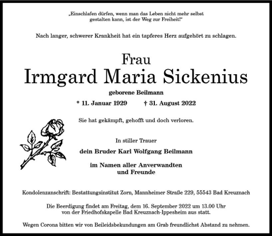 Traueranzeige von Irmgard Maria Sickenius von vrm-trauer Allg. Zeitung Bad Kreuznach