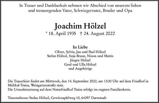 Traueranzeige von Joachim Hölzel von vrm-trauer Odenwälder Echo