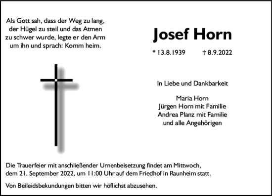 Traueranzeige von Josef Horn von vrm-trauer Rüsselsheimer Echo / MainSpitze