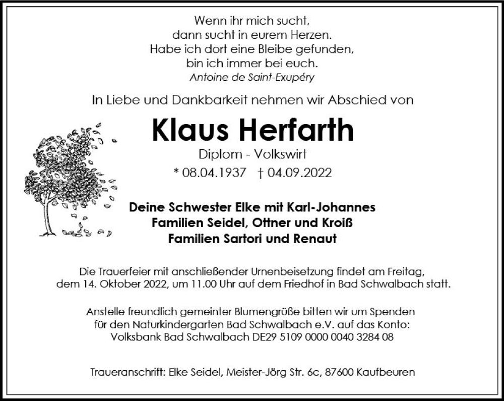  Traueranzeige für Klaus Herfarth vom 17.09.2022 aus vrm-trauer Wiesbadener Kurier