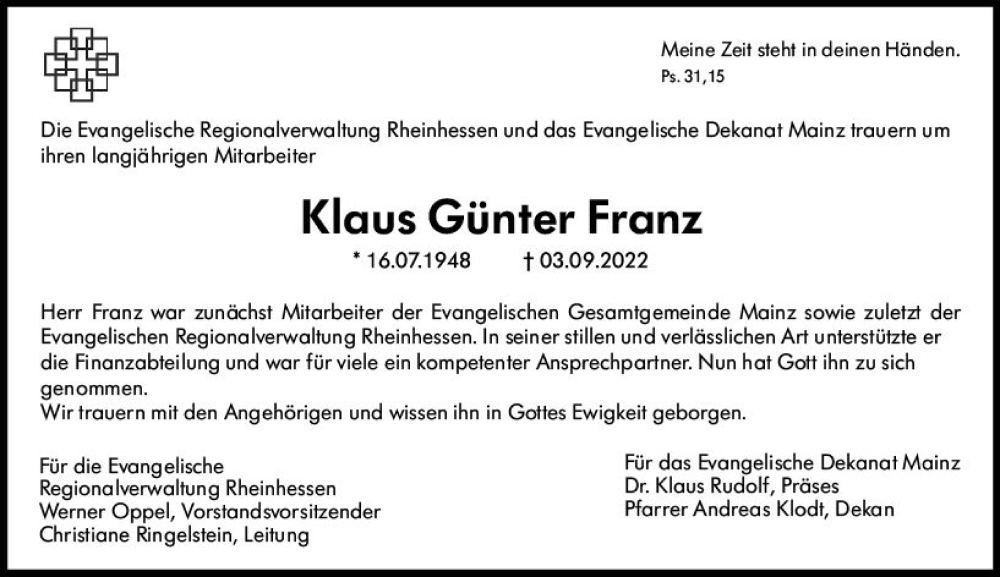  Traueranzeige für Klaus Günter Franz vom 10.09.2022 aus vrm-trauer AZ Mainz