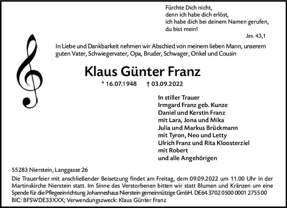  Traueranzeige für Klaus Günter Franz vom 07.09.2022 aus vrm-trauer AZ Mainz