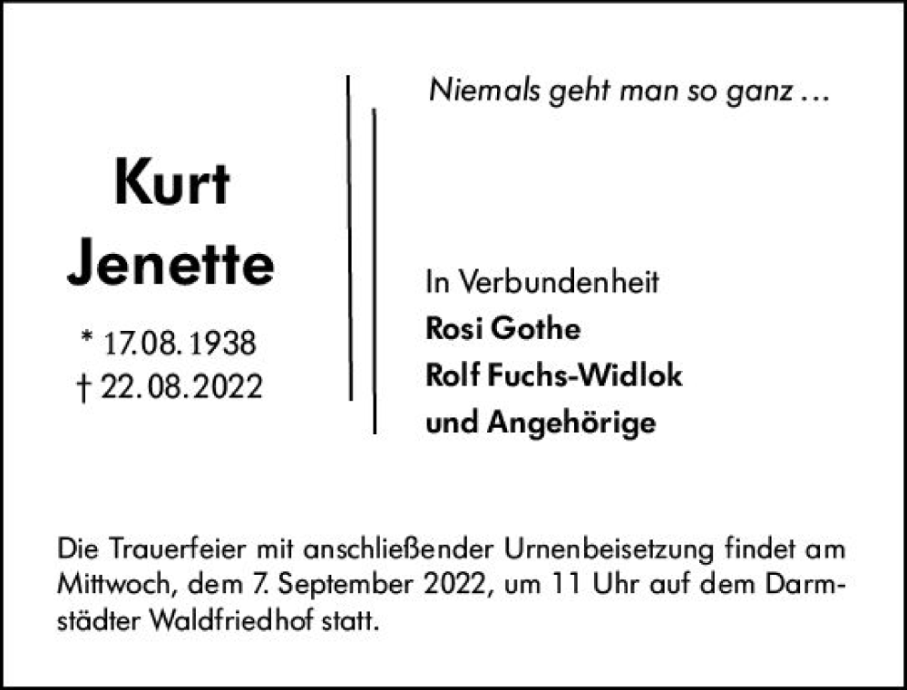  Traueranzeige für Kurt Jenette vom 03.09.2022 aus vrm-trauer Darmstädter Echo