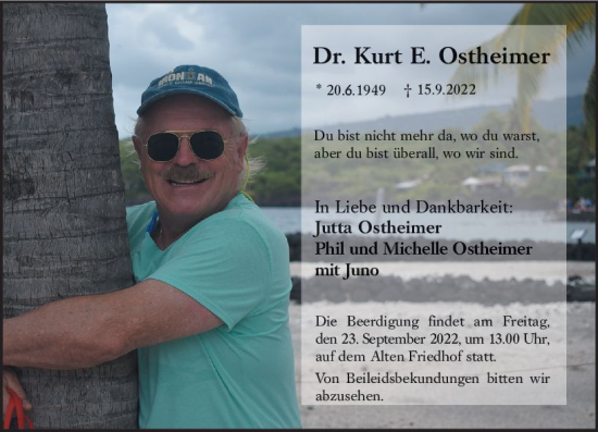 Traueranzeige von Kurt E. Ostheimer von vrm-trauer Hochheimer Zeitung