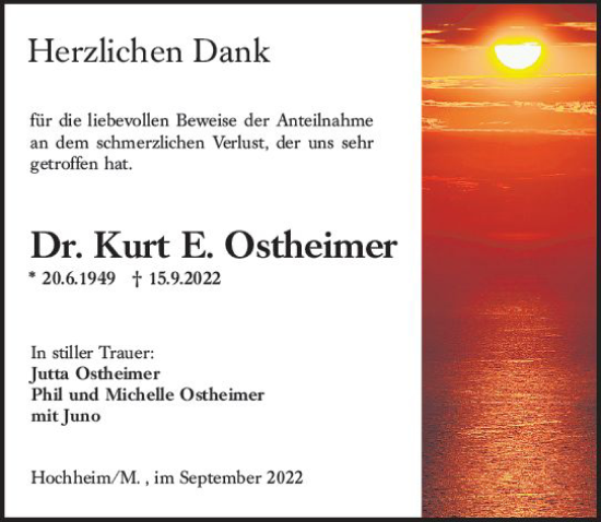 Traueranzeige von Kurt E. Ostheimer von vrm-trauer Hochheimer Zeitung