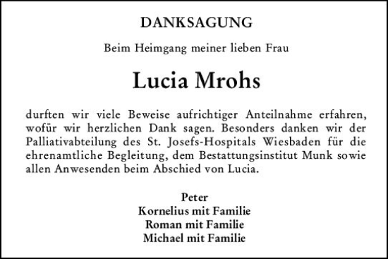 Traueranzeige von Lucia Mrohs von vrm-trauer Hochheimer Zeitung