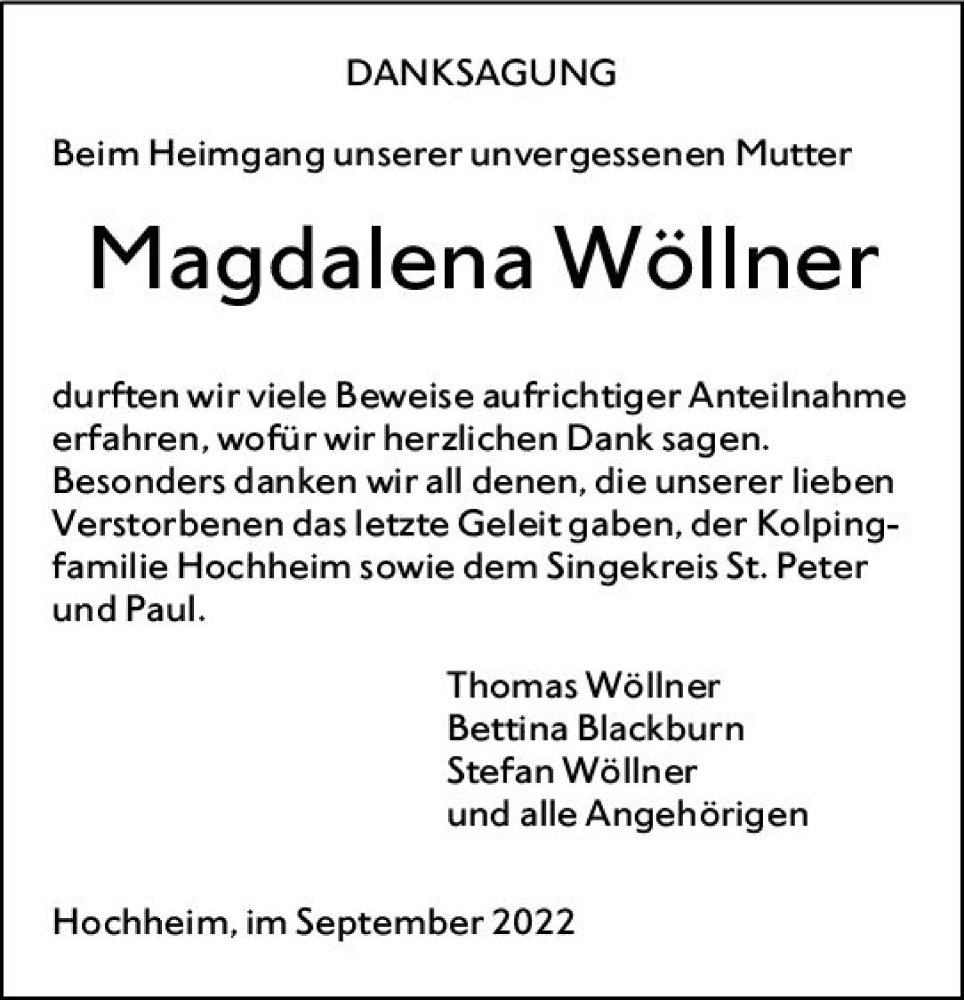  Traueranzeige für Magdalena Wöllner vom 16.09.2022 aus vrm-trauer Hochheimer Zeitung