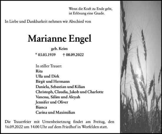Traueranzeige von Marianne Engel von vrm-trauer Groß-Gerauer Echo