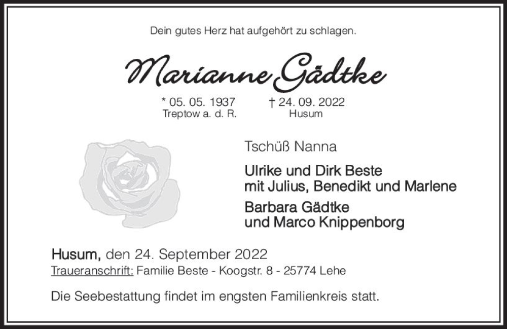  Traueranzeige für Marianne Gädtke vom 01.10.2022 aus vrm-trauer Darmstädter Echo