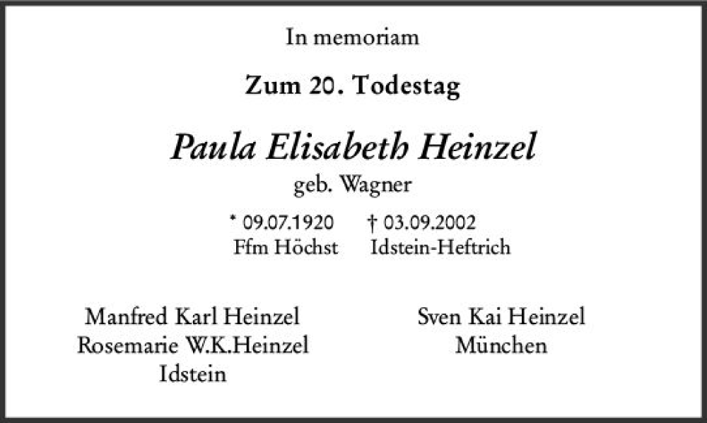  Traueranzeige für Paula Elisabeth Heinzel vom 03.09.2022 aus vrm-trauer Idsteiner Zeitung