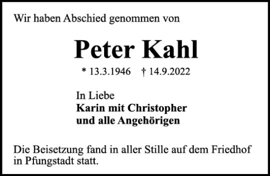 Traueranzeige von Peter Kahl von vrm-trauer Darmstädter Echo