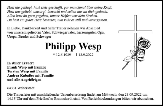 Traueranzeige von Philipp Wesp von vrm-trauer Darmstädter Echo