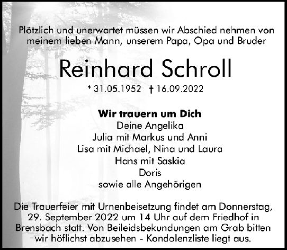  Traueranzeige für Reinhard Schroll vom 24.09.2022 aus vrm-trauer Odenwälder Echo