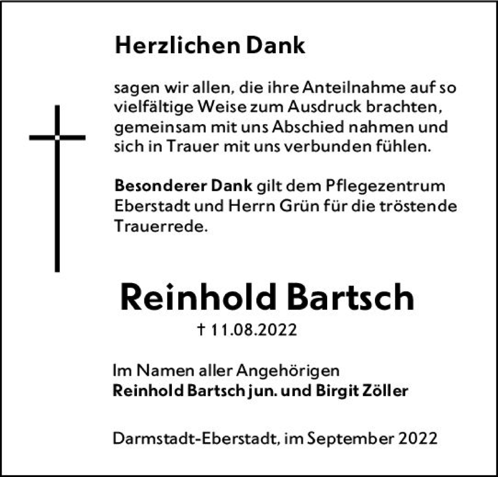  Traueranzeige für Reinhold Bartsch vom 17.09.2022 aus vrm-trauer Darmstädter Echo