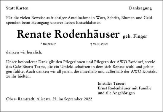 Traueranzeige von Renate Rodenhäuser von vrm-trauer Darmstädter Echo
