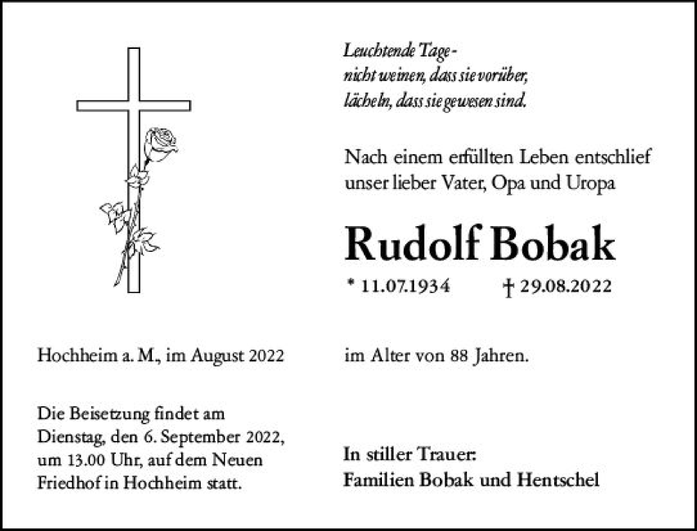  Traueranzeige für Rudolf Bobak vom 02.09.2022 aus vrm-trauer Hochheimer Zeitung